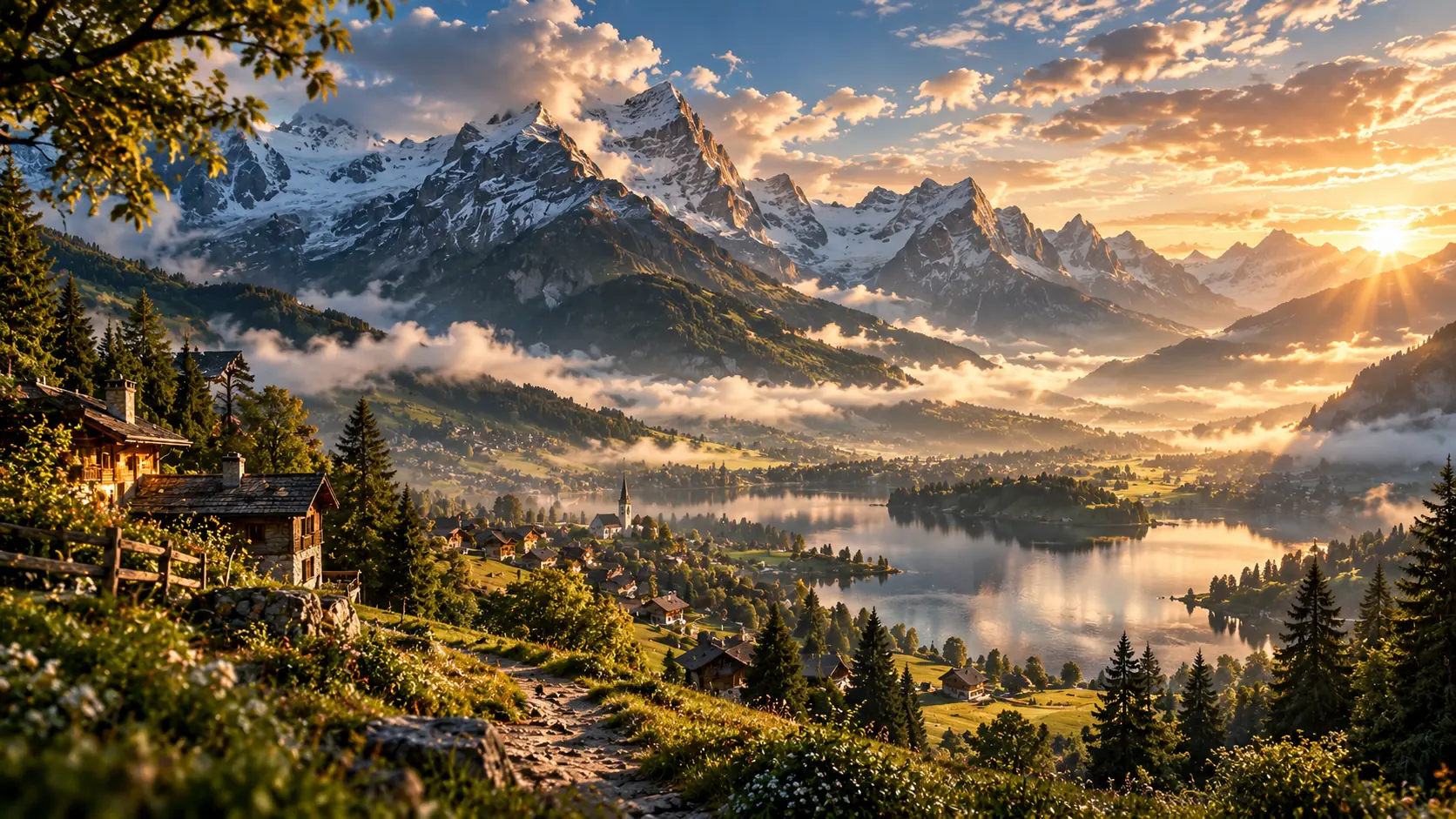 Sunrise over an alpine valley: snow-capped peaks above low cloud, a lakeside village with a church spire, wooden chalets and a footpath through wildflowers.