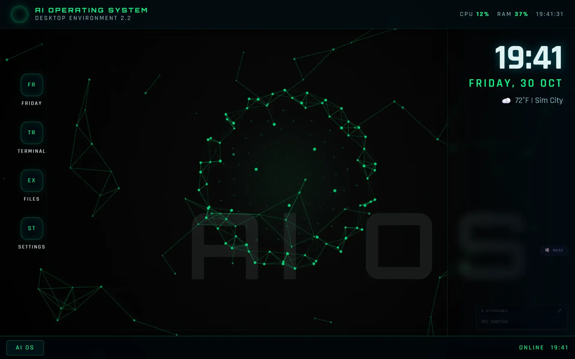 AI OS 2.0 desktop: Friday, Terminal, Files and Settings apps around a glowing network globe, with clock, CPU and RAM readouts.