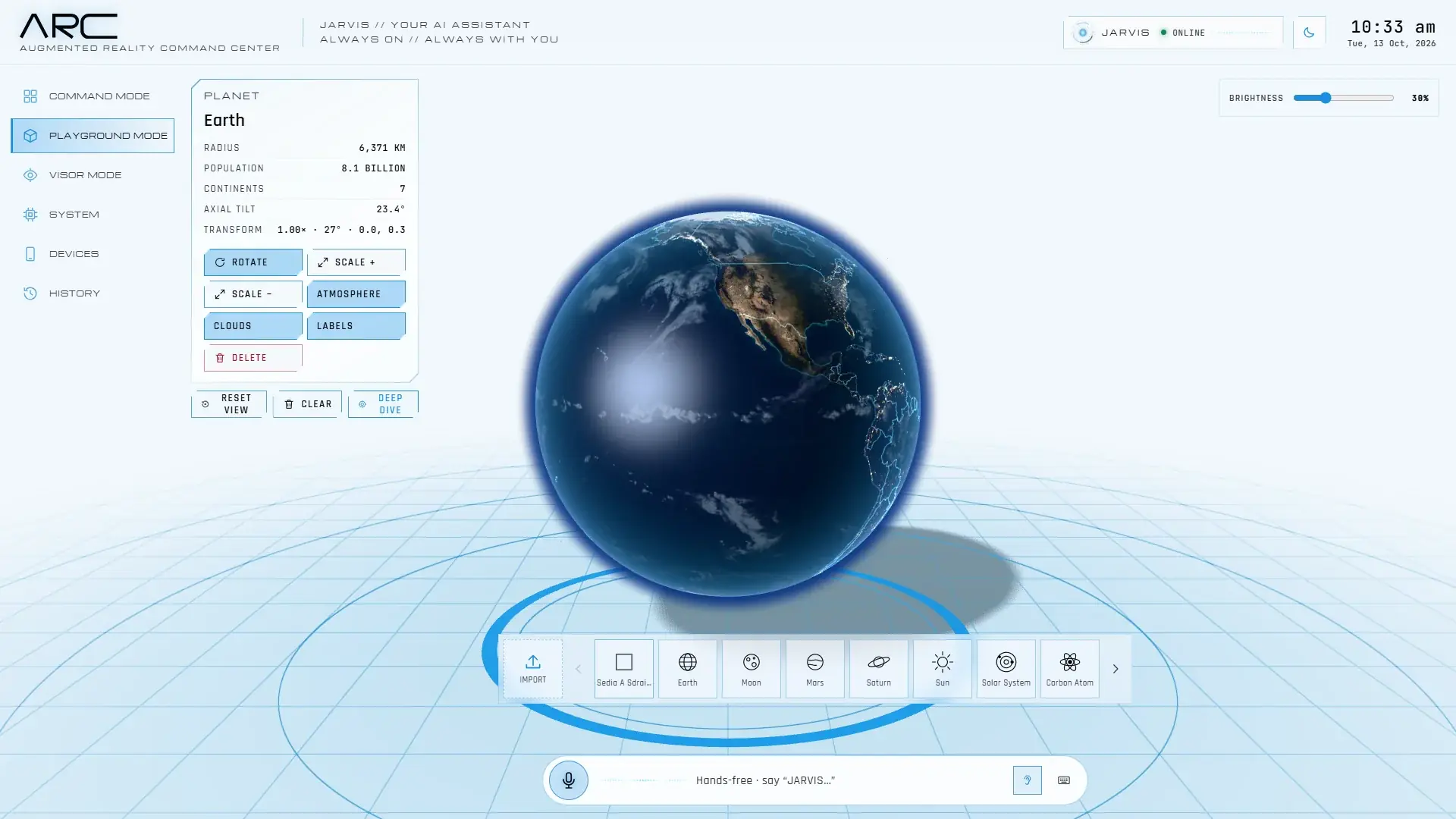 ARC playground mode: a 3D Earth on a holographic grid, with planet facts, transform controls and a model shelf.