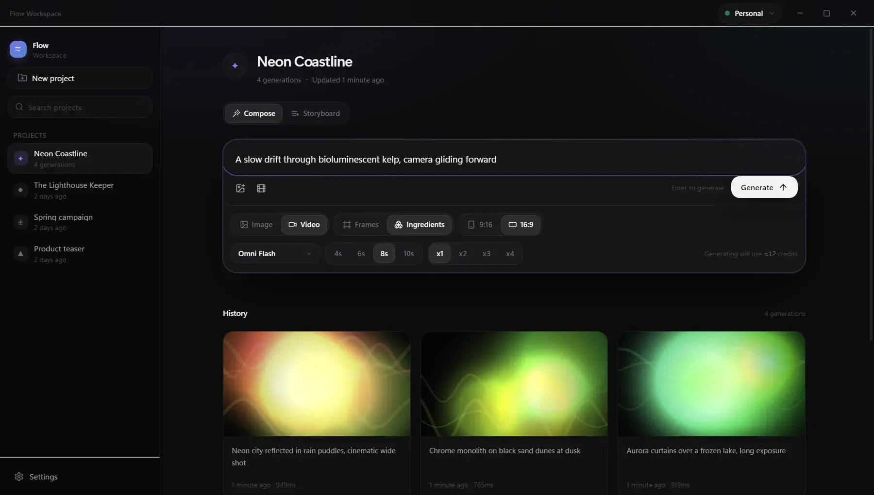 Flow Workspace compose view: a video prompt with model, length, aspect-ratio and count options, above a history of generations.