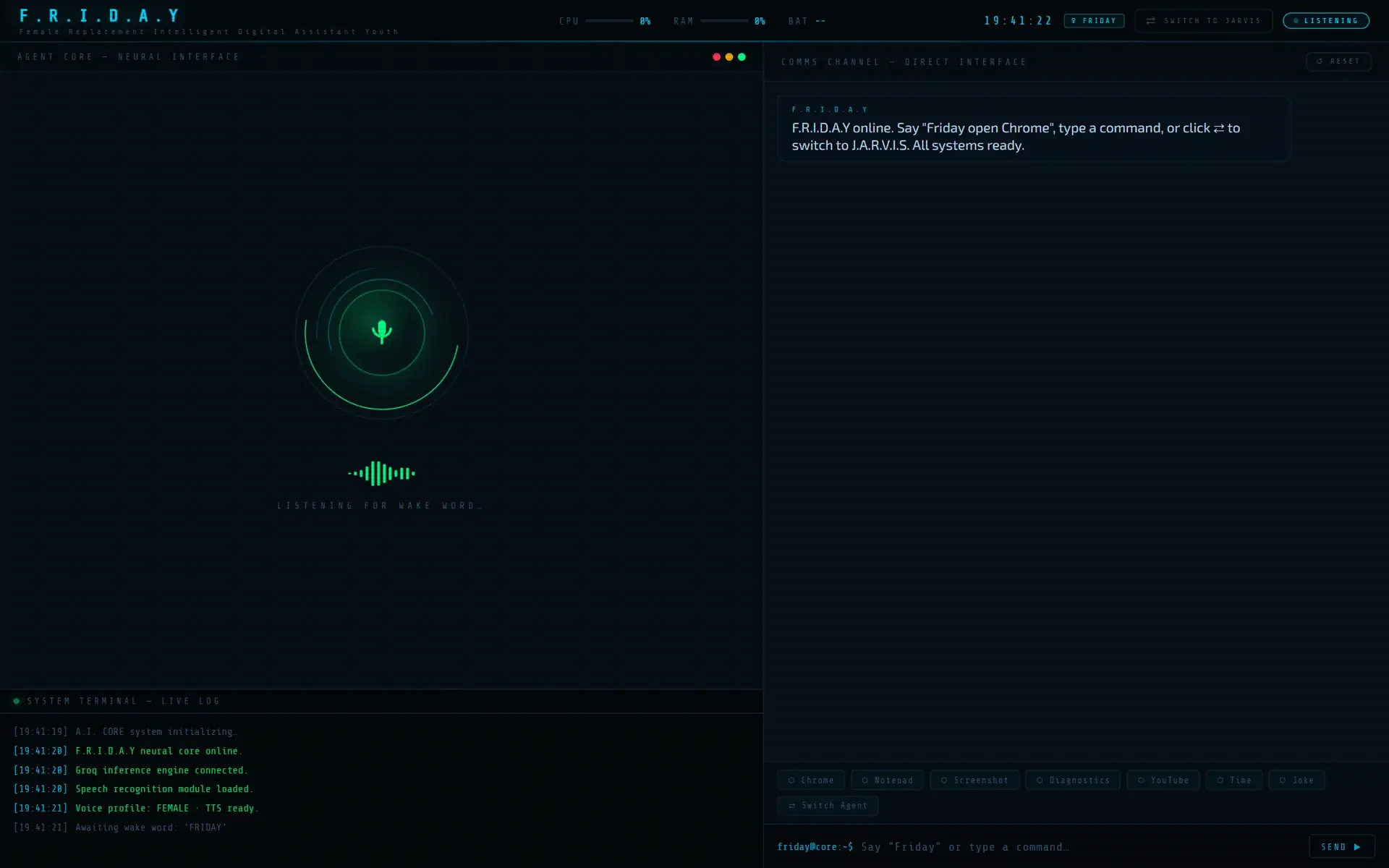 F.R.I.D.A.Y interface listening for its wake word, with a live system log and quick commands like Chrome, Notepad and Screenshot.