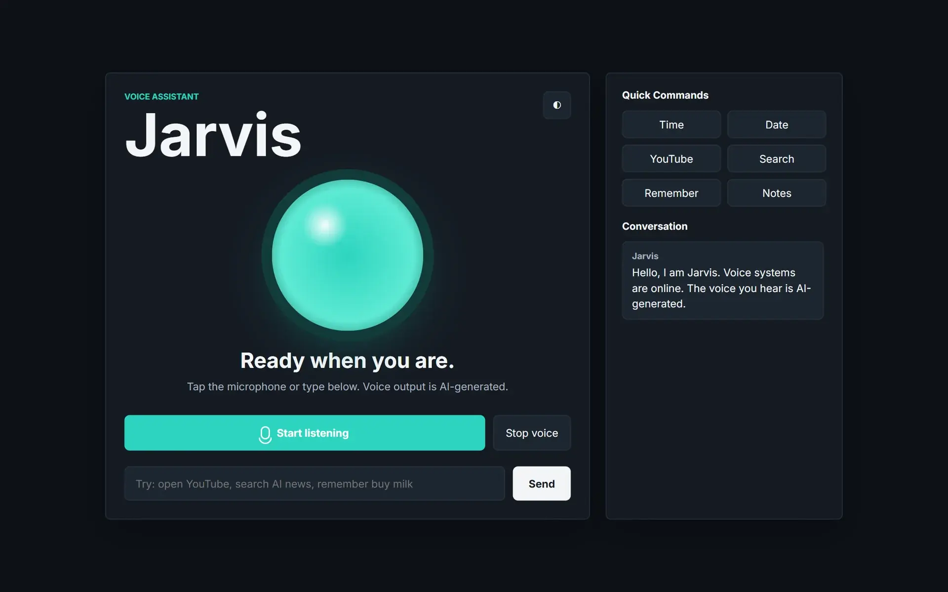 Jarvis voice assistant in dark mode: a glowing voice orb, “Start listening” button, quick commands and conversation panel.