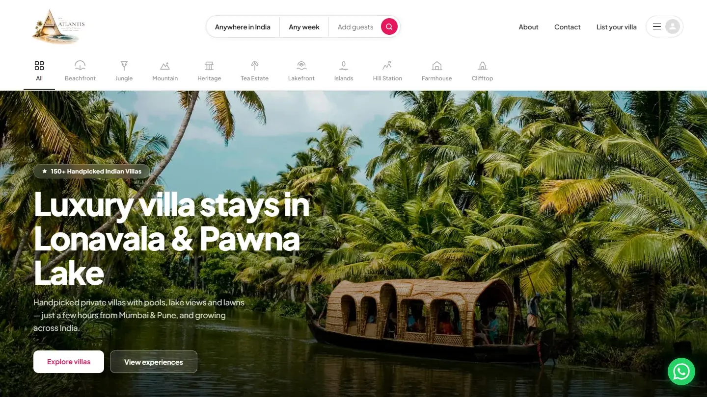 The Atlantis Stays home page: “Luxury villa stays in Lonavala & Pawna Lake”, with search and villa categories.